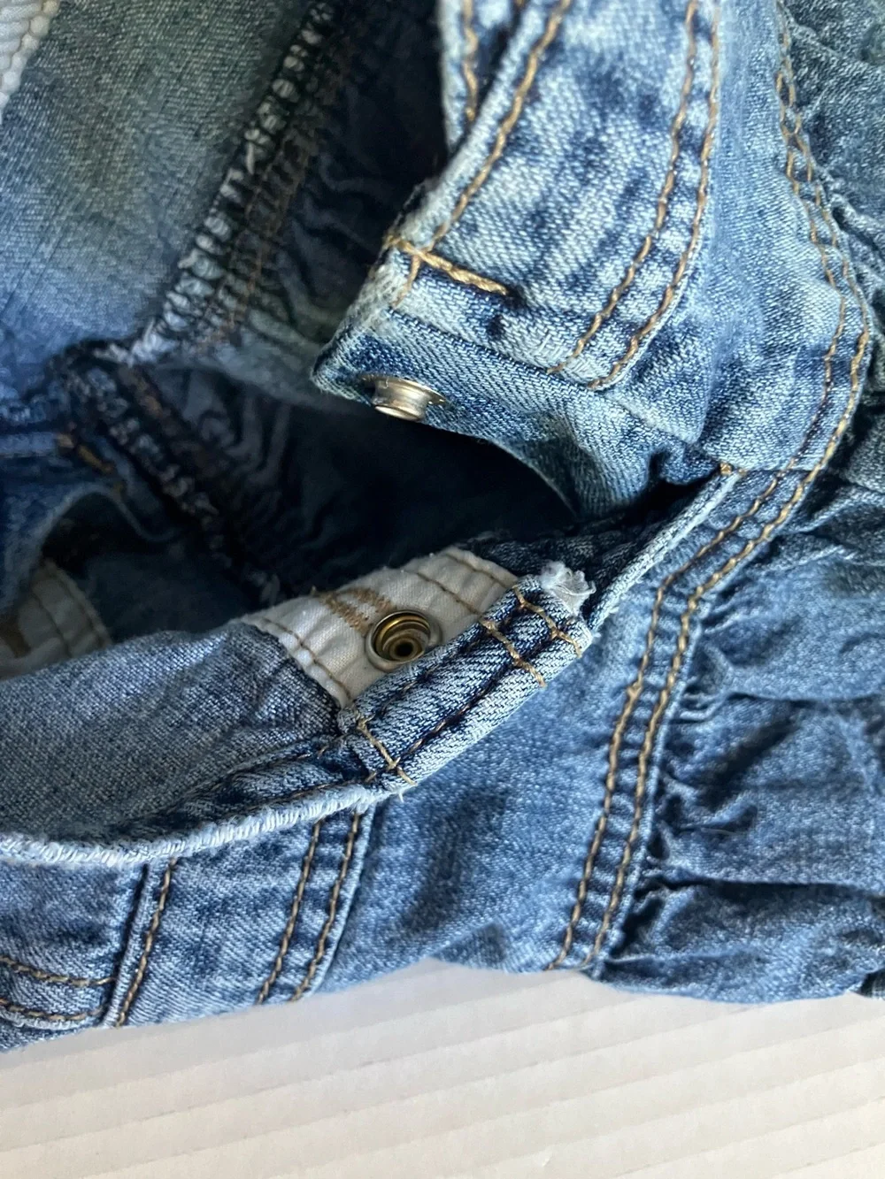 OshKosh Girl Blue Denim Ruffle Overall Jumper Dress Heart Pocket 18 mo‎ Adjust